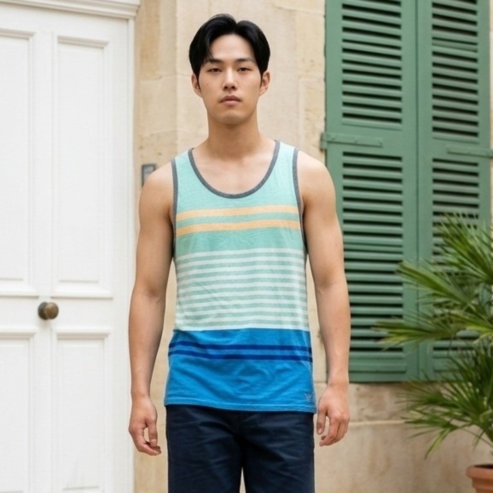American Eagle Mens M Athletic Fit Tank Top Aqua Blue Colorblock Stripe Vacation